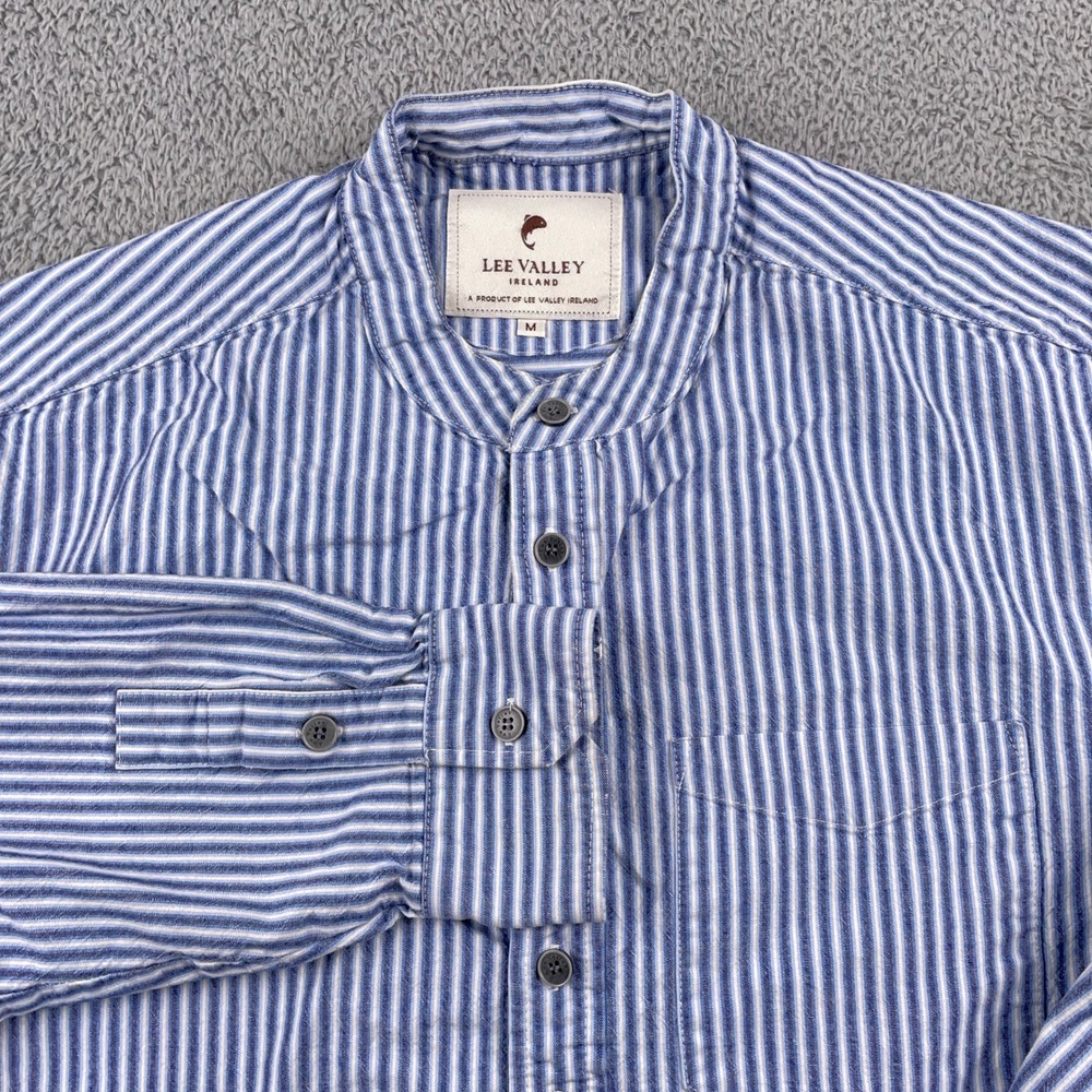 Lee Valley Shirt Mens Medium Blue Striped Grandfather Collar Cotton Irish